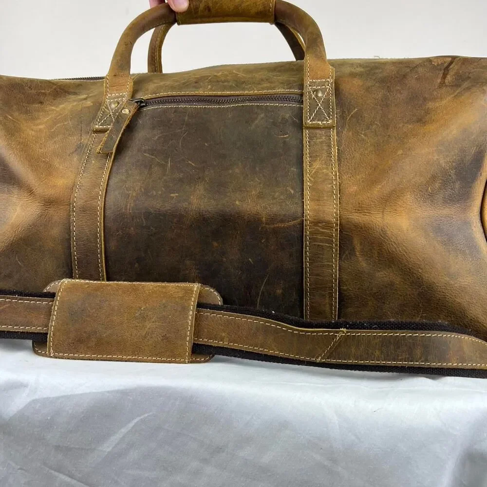 Komalc Leather Travel Bag Weekend Bag Duffle Bag Brown With Shoulder Strap
